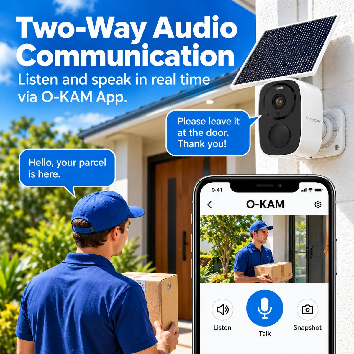 Feature infographic for the Vstarcam BG55 solar camera illustrating two-way audio communication via the O-KAM mobile app live view interface while speaking remotely to a delivery driver at a residential front door.
