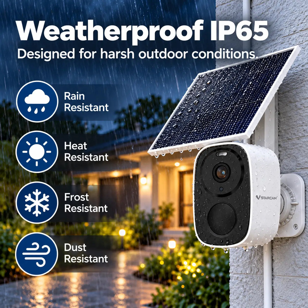 Technical feature infographic for the Vstarcam BG55 solar camera showcasing its IP65 weatherproof certification with dedicated icons for rain heat frost and dust resistance under heavy rainfall.