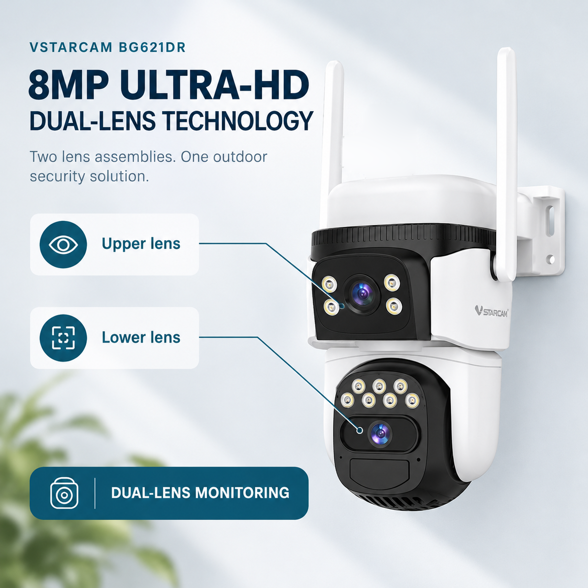 Feature infographic for the VStarcam BG621DR security camera detailing its eight megapixel ultra high definition dual lens technology with pointer lines highlighting the structural upper lens and lower lens assemblies for continuous dual monitoring.