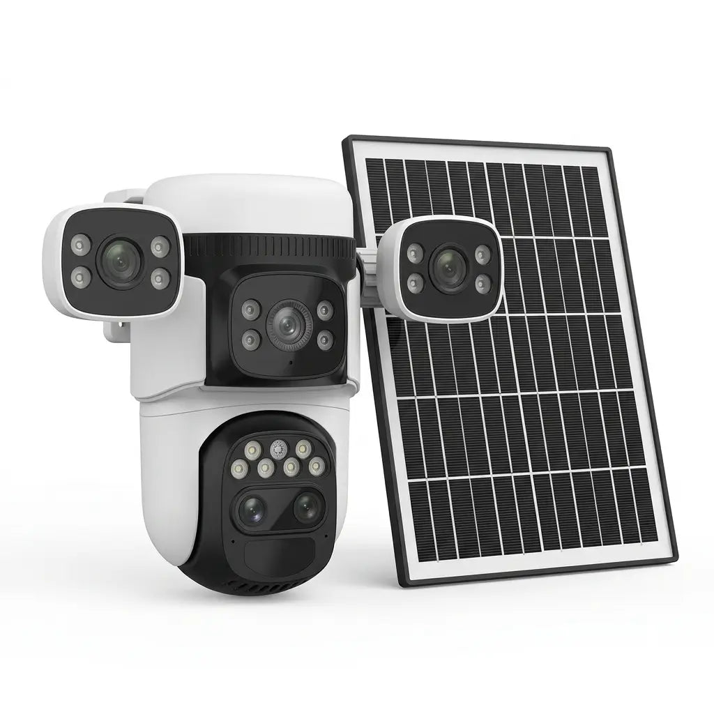 The primary hero listing image for the Vstarcam BG621ZS multi-lens solar security camera, showing the white and black multi-lens PTZ camera body alongside its companion monocrystalline solar panel against a clean white background.