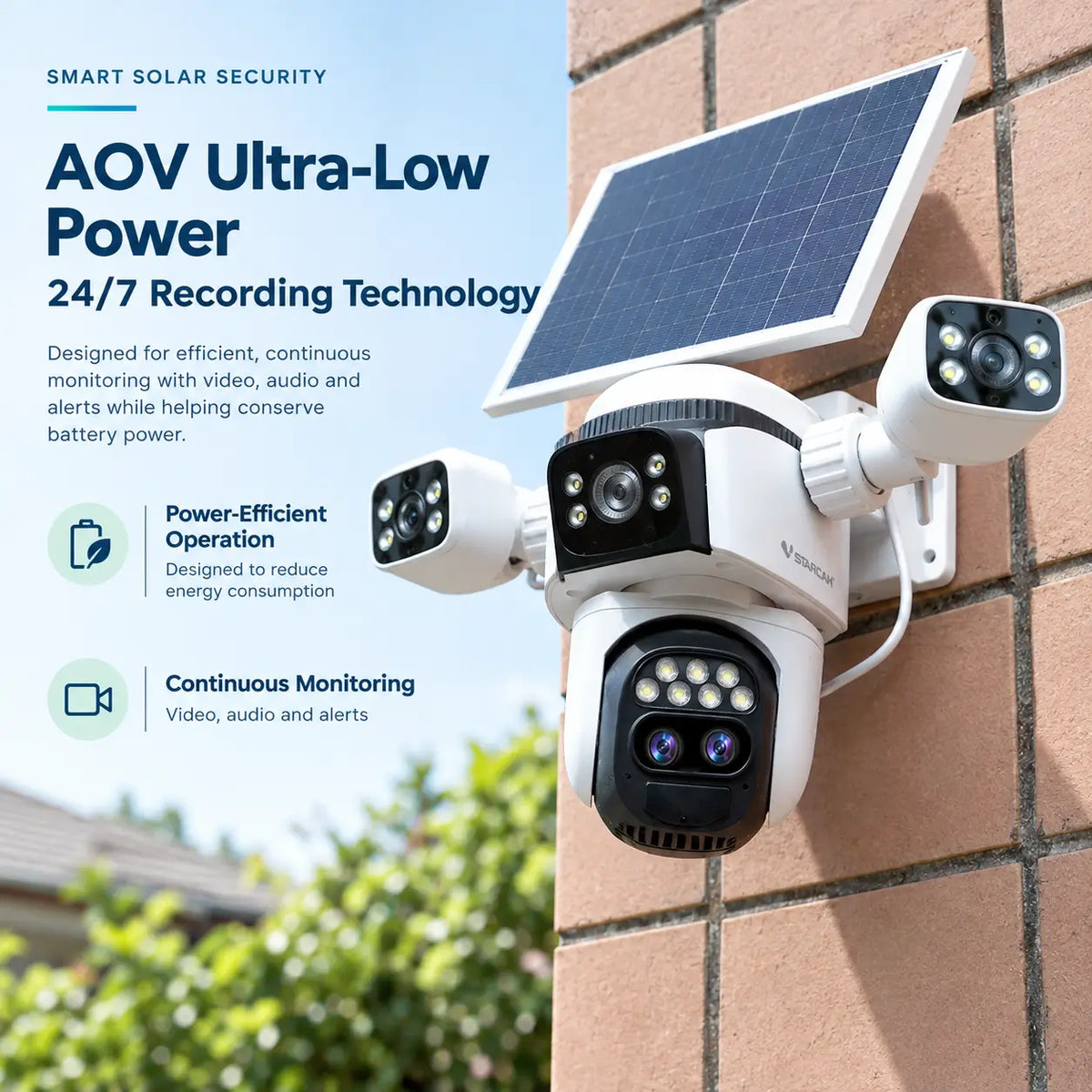 Feature infographic for the Vstarcam BG621ZS camera mounted on a brick wall detailing its specialized AOV ultra low power operation for continuous twenty four seven video audio and alert recording.