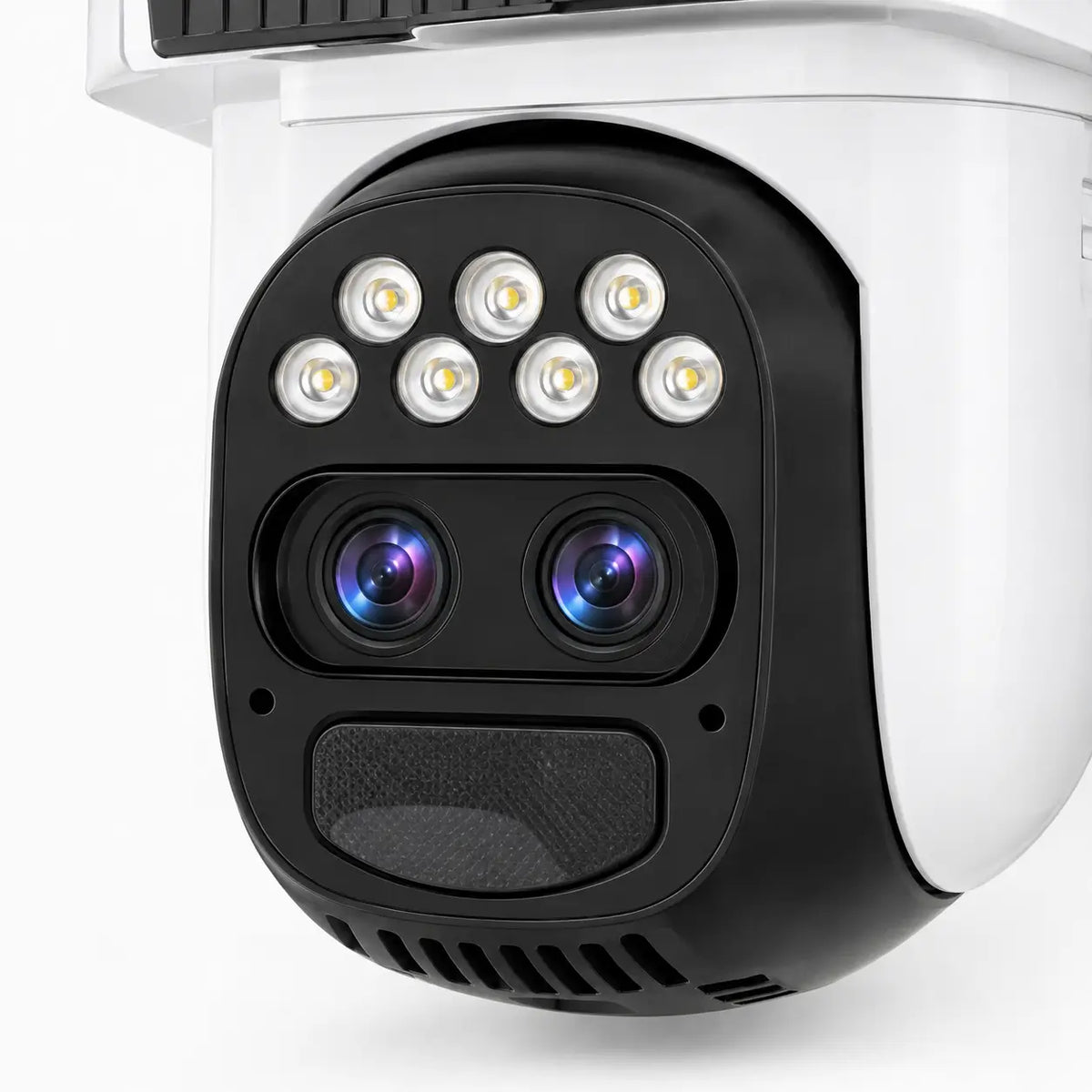A detailed hardware close-up macro shot of the Vstarcam BG621ZS solar security camera lower module, showcasing its dual optical tracking lenses, eight integrated high-output night vision LEDs, and localized sensor housing.
