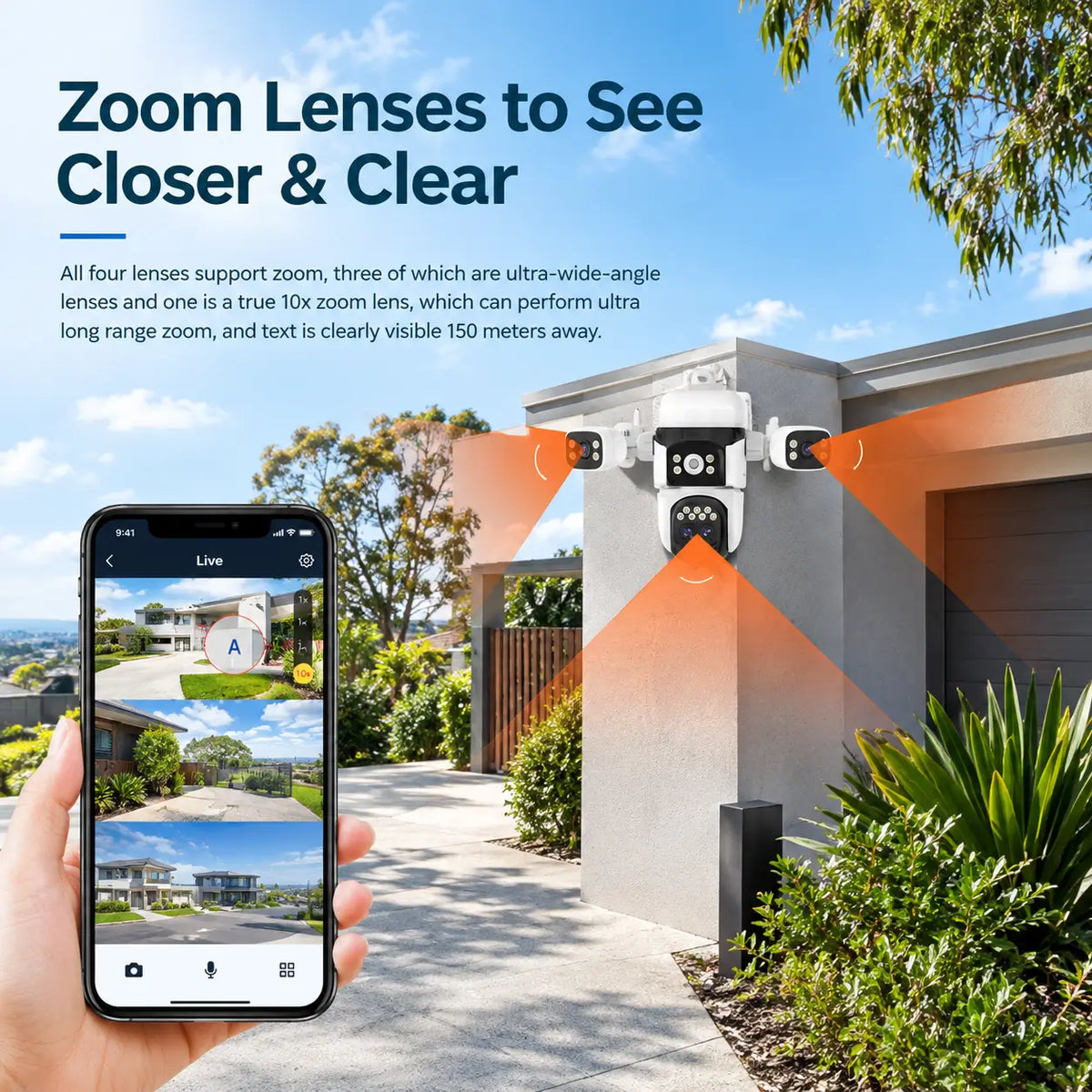 Feature infographic for the Vstarcam BG621ZS security camera highlighting its four lenses with ultra-wide angles, ten times hybrid long-range zoom capacity, and a mobile app screen displaying multi-angle live video streams.