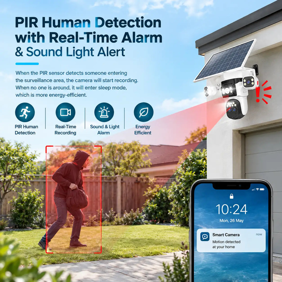 Feature infographic for the Vstarcam BG621ZS camera detailing its PIR human motion detection system, real-time recording activation, automated sound and light strobe alarms, and instant smartphone mobile app push notifications.