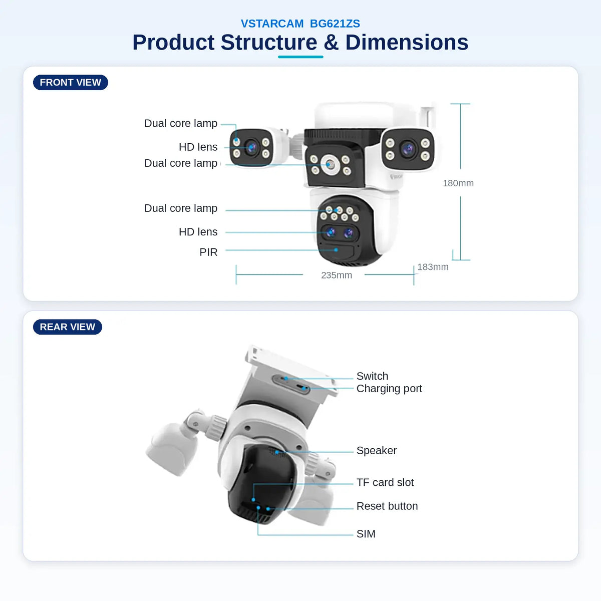 Product structure and dimensions chart for the Vstarcam BG621ZS camera detailing its one hundred and eighty millimetre height, two hundred and thirty five millimetre width, and front to rear hardware component blueprints.