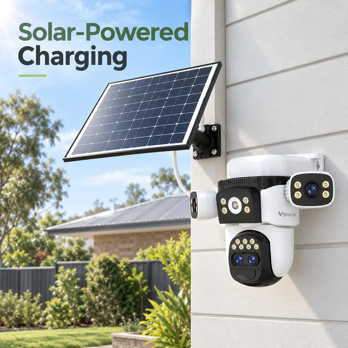 Feature infographic for the Vstarcam BG621ZS camera showcasing its high-efficiency monocrystalline solar panel charger mounted to external residential weatherboard cladding alongside the wireless multi-lens PTZ camera body.
