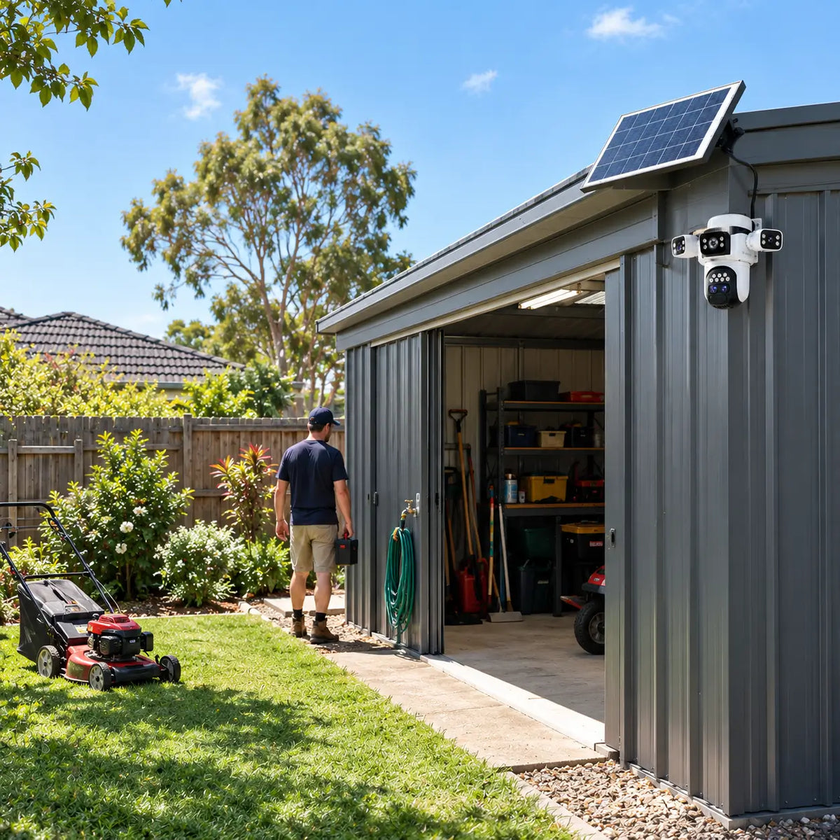 A real-world daytime installation of the Vstarcam BG621ZS wireless multi-lens security camera mounted on a charcoal corrugated metal garden shed, with its solar panel on the roof monitoring an open workshop entrance and green lawn.