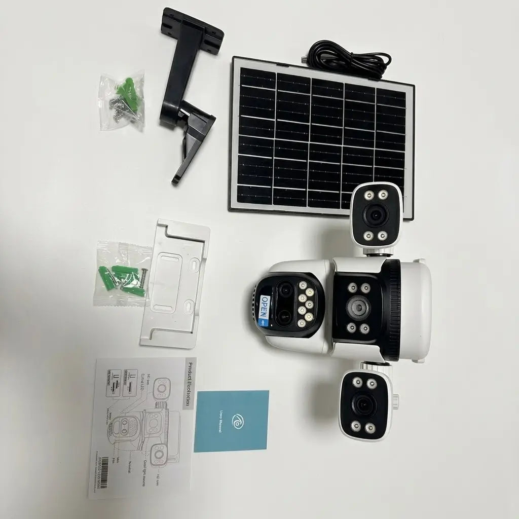 Package includes unboxing layout for the Vstarcam BG621ZS solar camera displaying the multi-lens PTZ camera body, monocrystalline solar panel, adjustable mount arm, wall plate bracket, screw hardware packs, manual, and diagram sheet.