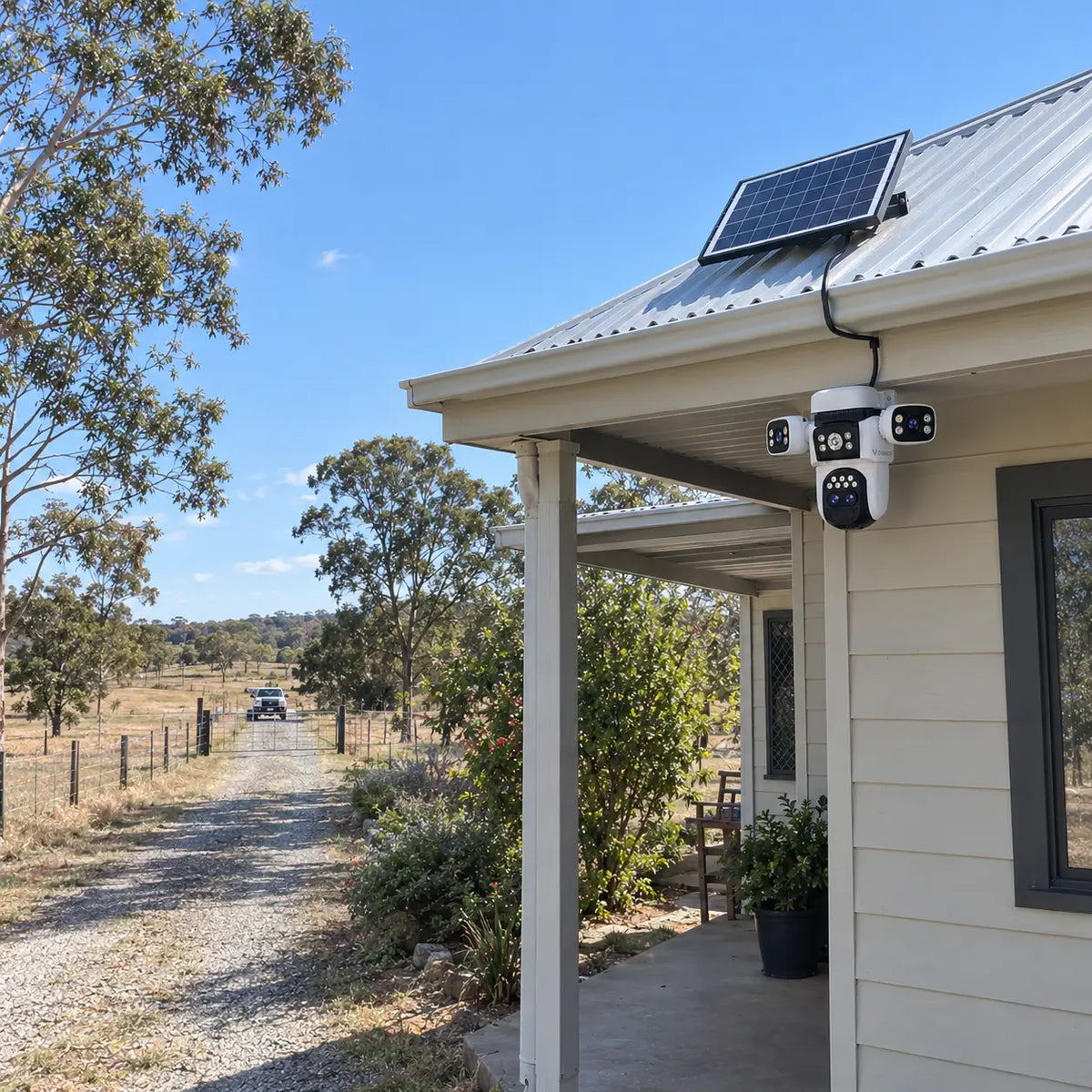 A real-world regional installation of the Vstarcam BG621ZS camera mounted under a veranda eave with its split solar panel secured to a corrugated metal roof, monitoring an open gravel driveway and gateway entrance path on an Australian farm property.