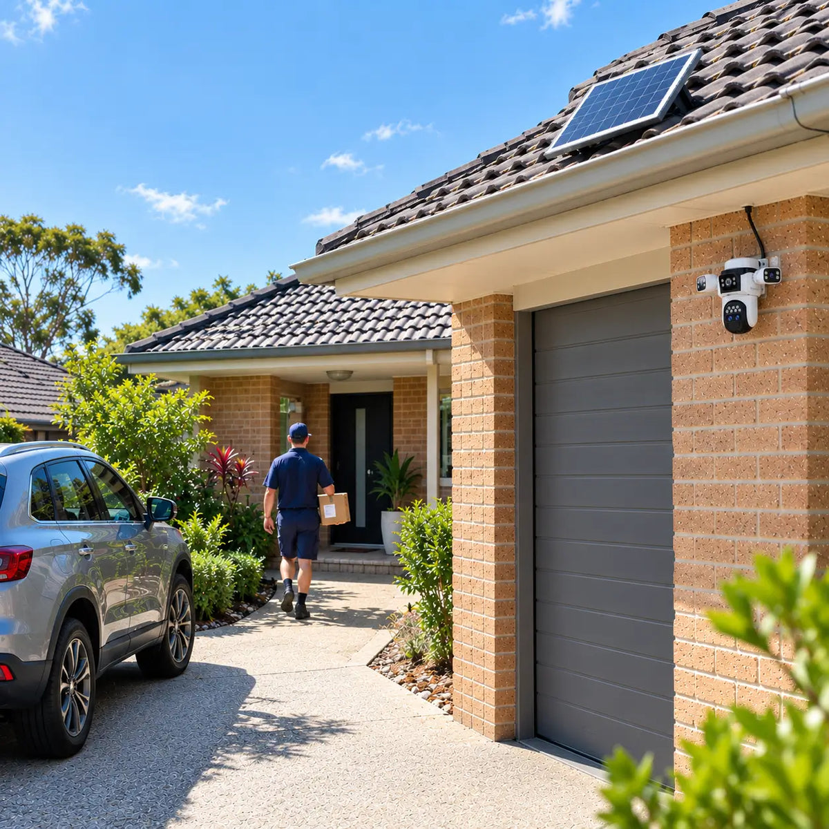 A real-world daytime installation of the Vstarcam BG621ZS camera mounted on a modern brick garage pillar with its split solar panel secured to roof tiles above, tracking a delivery courier walking up the front porch driveway path.