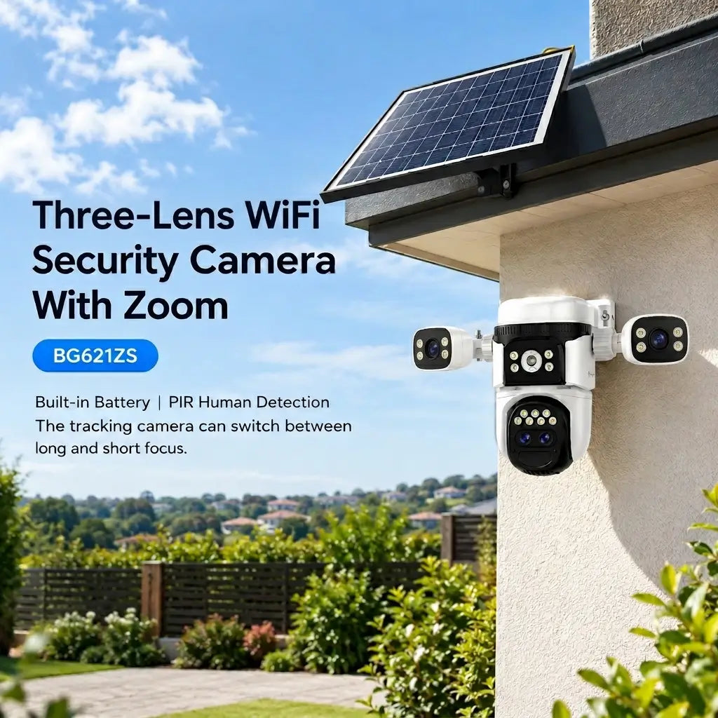 Feature infographic for the Vstarcam BG621ZS three lens wifi security camera wall mounted under house eaves with text detailing its built in battery PIR human detection and automated long or short focus tracking switches.