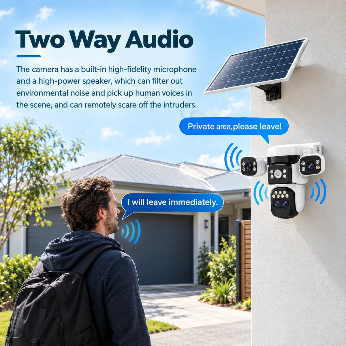 Feature infographic for the Vstarcam BG621ZS camera illustrating the high-fidelity two-way audio microphone and speaker intercom system being used remotely to deter an intruder on a suburban driveway property.