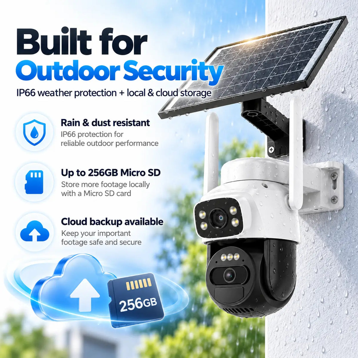 Feature infographic for the Vstarcam BG622DR solar camera illustrating its IP66 dust and rain resistant weather protection under rainfall alongside icons detailing its two hundred and fifty six gigabyte local Micro SD card slot and cloud backup storage options.
