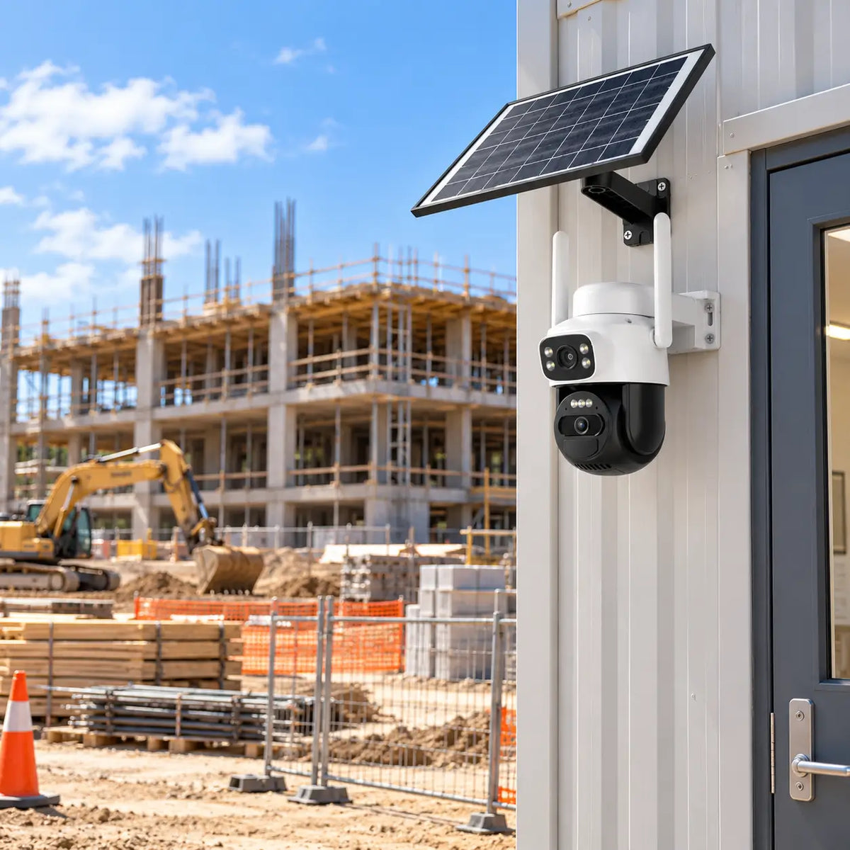 A real-world daytime installation of the Vstarcam BG622DR dual-lens solar security camera mounted on a metal site office shed exterior, monitoring a commercial construction site project zone with active heavy machinery and excavation scaffolding.