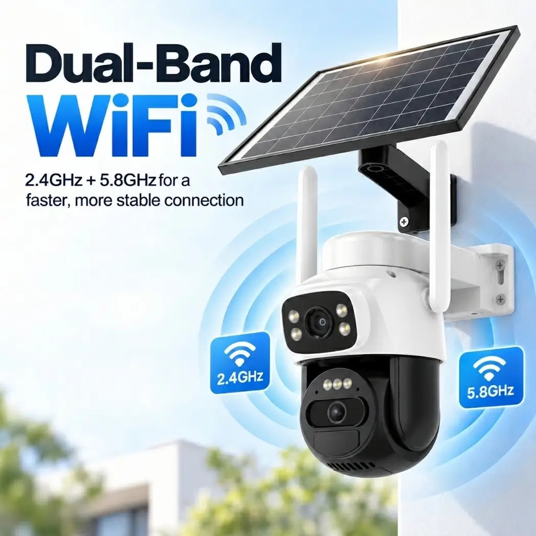 Feature infographic for the Vstarcam BG622DR solar camera detailing its dual-band Wi-Fi connectivity supporting both two point four gigahertz and five point eight gigahertz network bands for stable remote property monitoring.