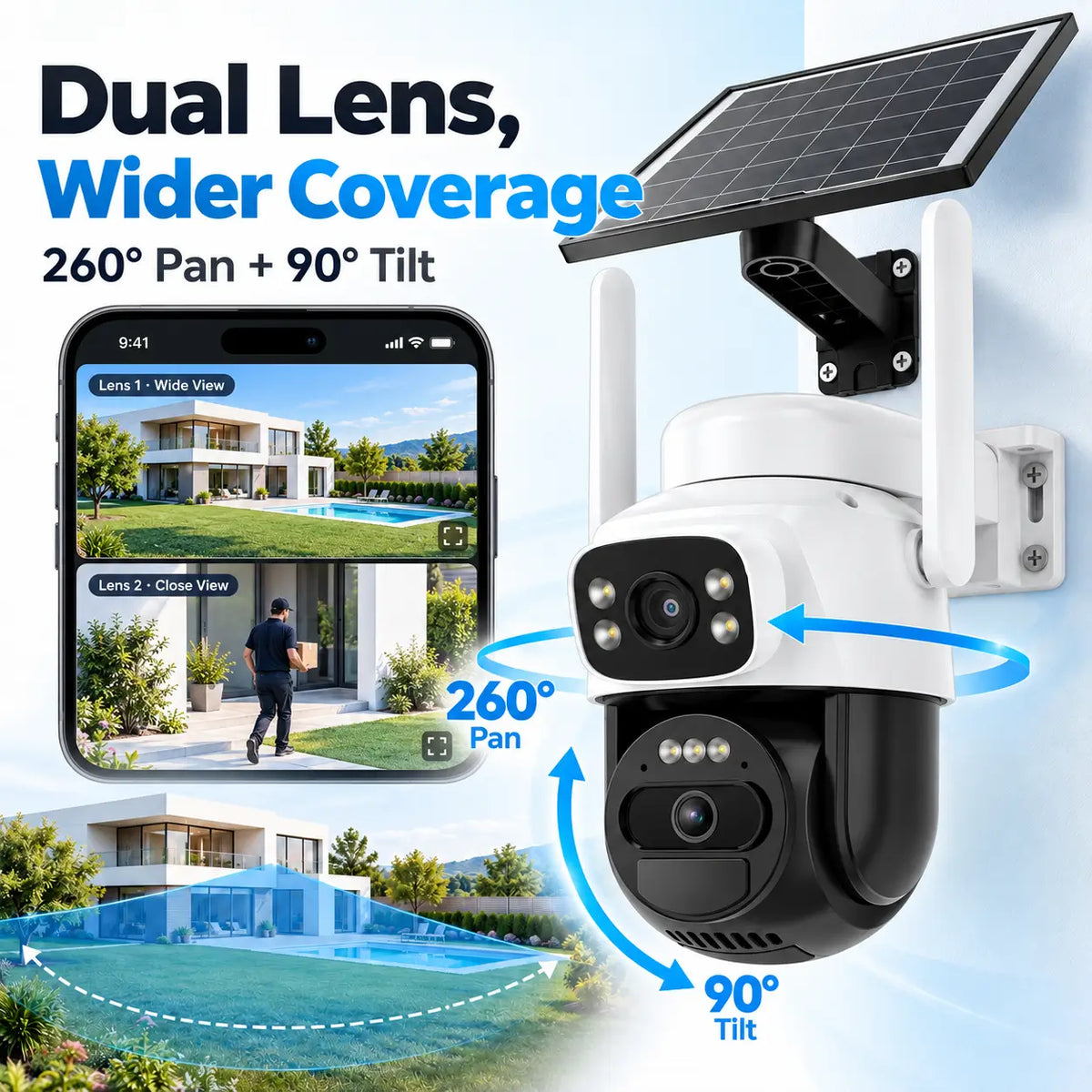 Feature infographic for the Vstarcam BG622DR solar camera detailing its mechanical two hundred and sixty degree pan and ninety degree tilt rotation options alongside a simulated smartphone app split screen display showing concurrent wide and close view lens monitoring feeds.