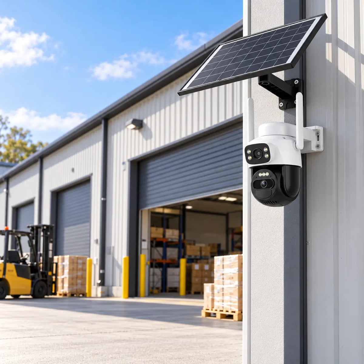 A real-world daytime installation of the Vstarcam BG622DR dual-lens solar security camera mounted on a commercial warehouse support column, monitoring an open industrial roller door bay with a forklift truck and stacked timber pallet storage area outside.