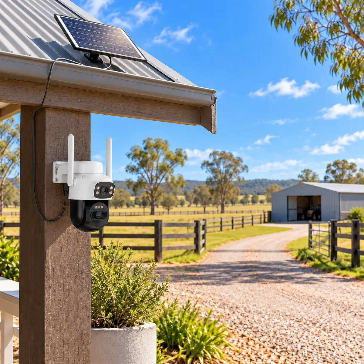 A real-world daytime installation of the Vstarcam BG622DR dual-lens solar security camera mounted on a timber post with its split monocrystalline solar panel positioned on a corrugated iron roof, monitoring an open gravel rural farm gateway and outbuilding shed.