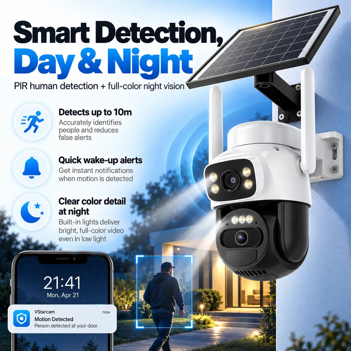 Feature infographic for the Vstarcam BG622DR solar camera illustrating its smart PIR human detection capabilities up to a ten metre range quick wake up alerts and clear full color night vision with a simulated smartphone screen notification log.