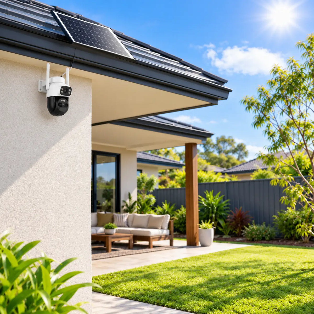 A real-world daytime installation of the Vstarcam BG622DR dual-lens security camera mounted under a house eave with its separate solar panel fixed to roof tiles, monitoring a modern outdoor patio lounge set and backyard grass lawn area.