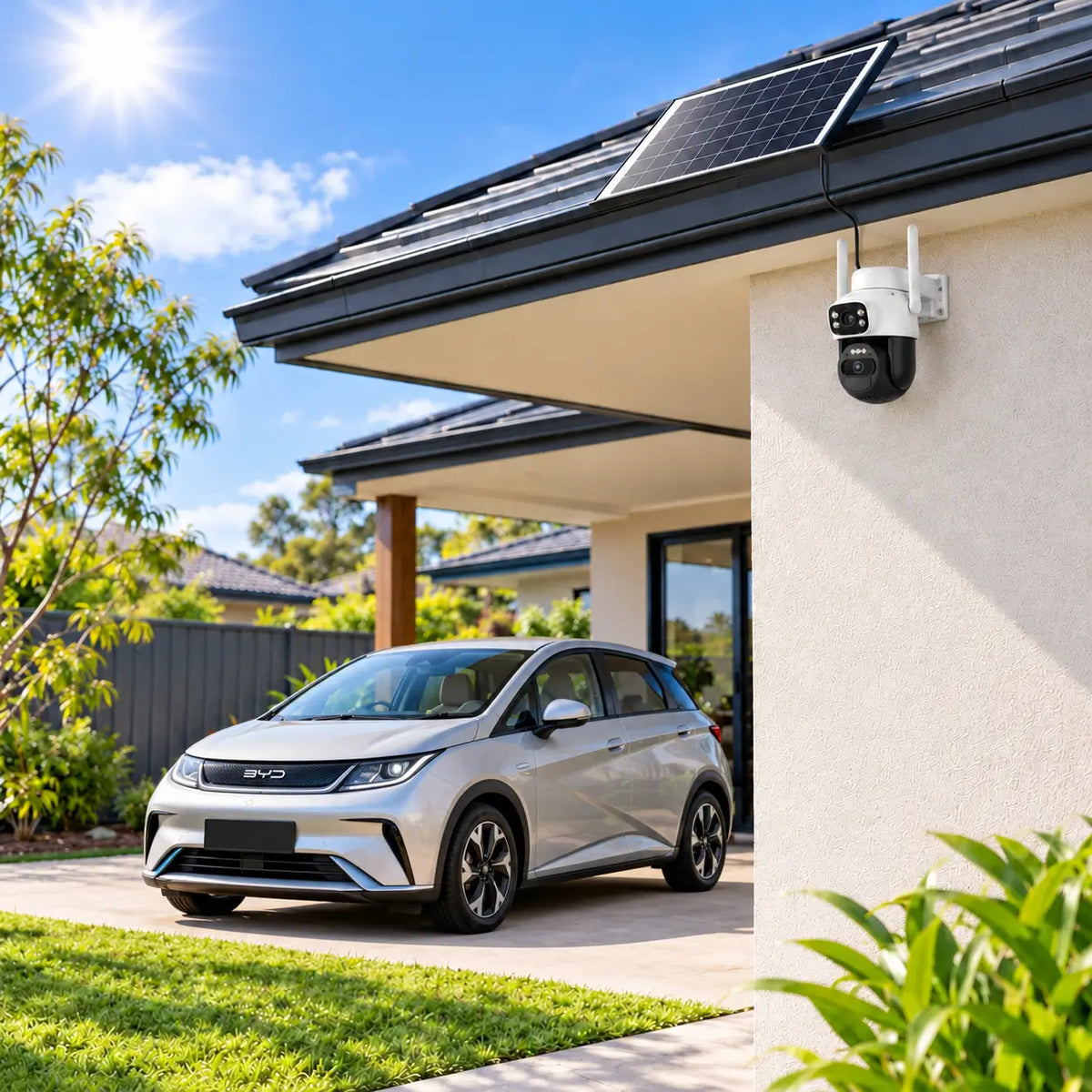 A real-world daytime installation of the Vstarcam BG622DR dual-lens security camera mounted under a house eave with its split monocrystalline solar panel positioned on the roof tiles above a driveway apron monitoring a parked silver BYD electric car.