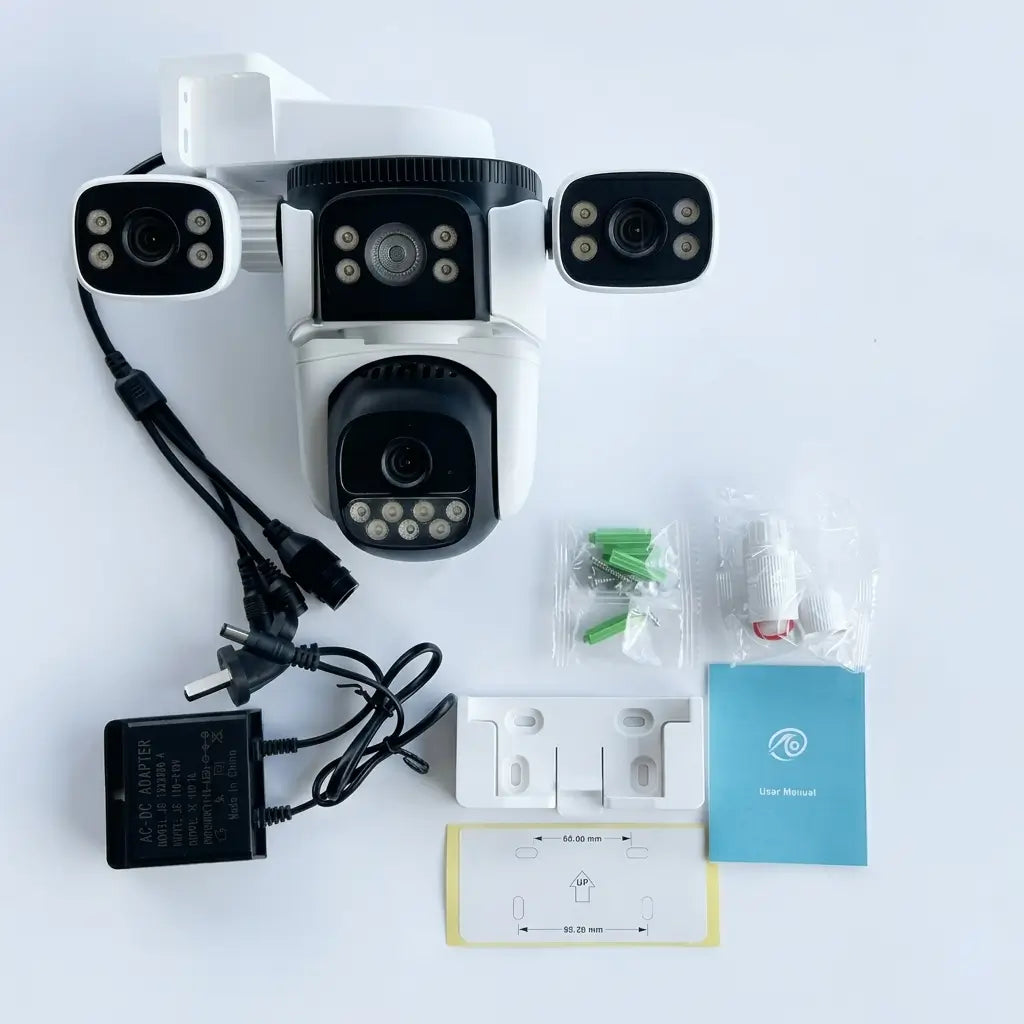 Package includes unboxing layout for the VStarcam CS621SR security camera displaying the three-lens PTZ camera body, DC twelve volt power supply wall adapter, wall mounting plate bracket, screw anchor hardware packs, alignment mounting template sticker, and user manual.