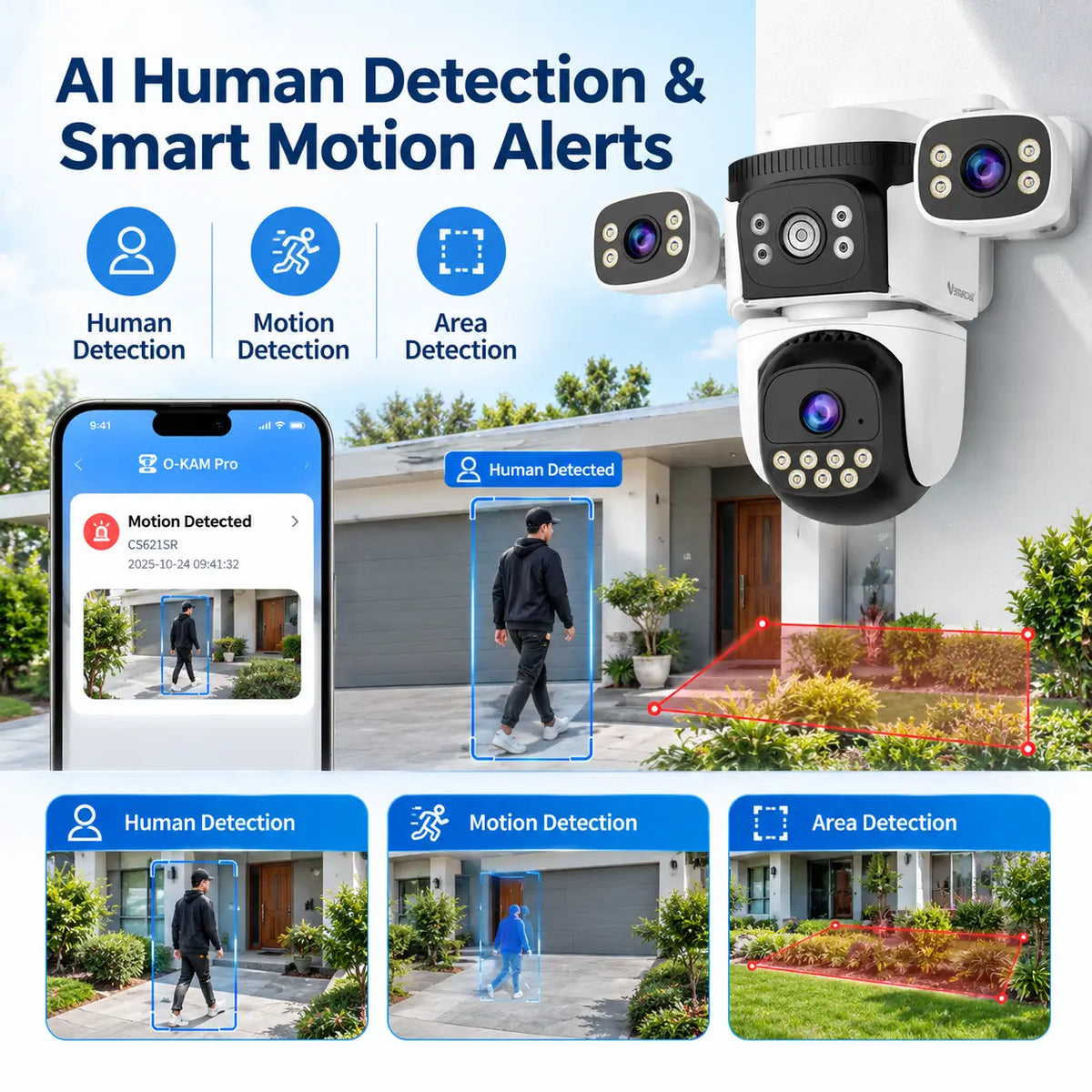 Feature infographic for the VStarcam CS621SR camera illustrating its AI human detection motion detection and area detection grids with a simulated O-KAM Pro smartphone app push alert log over a residential driveway.