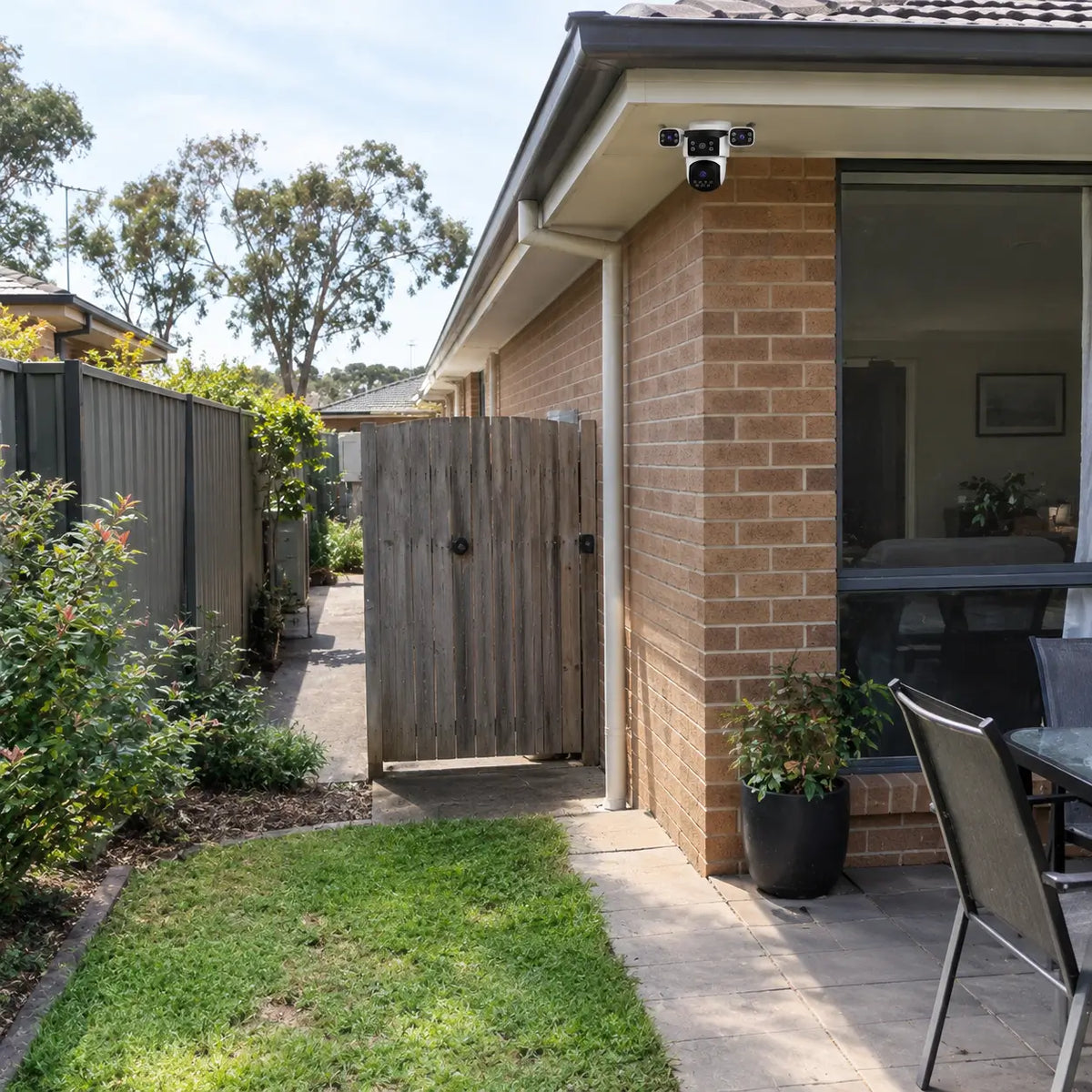 A real-world daytime installation of the VStarcam CS621SR three-lens security camera mounted under a brick house eave, monitoring a paved outdoor patio dining area, backyard grass lawn, and a vertical timber side access gate.