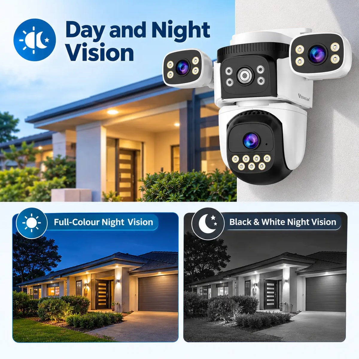 Feature infographic for the VStarcam CS621SR camera illustrating its day and night vision modes, showing side-by-side visual examples of full-colour night recording and black-and-white infrared monitoring over a residential house.