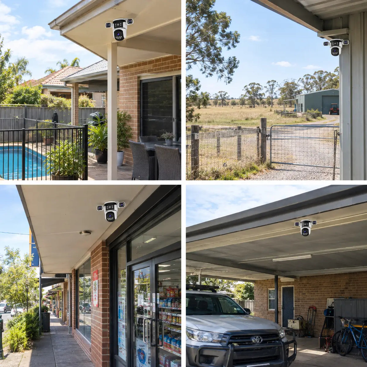 A four panel installation application grid for the VStarcam CS621SR security camera illustrating real world residential and commercial setups across a backyard swimming pool fence rural farm gateway commercial retail storefront and home carport.