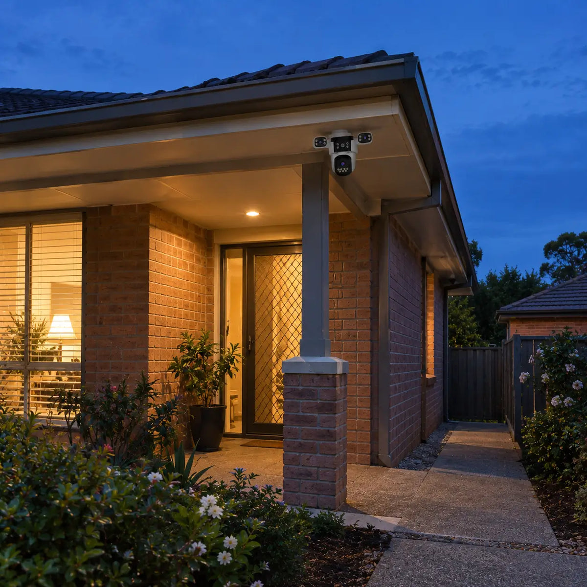 A real-world twilight installation of the VStarcam CS621SR three-lens security camera mounted on a modern brick home porch pillar under the eaves, monitoring a mesh front security door entrance and garden pathway at dusk.