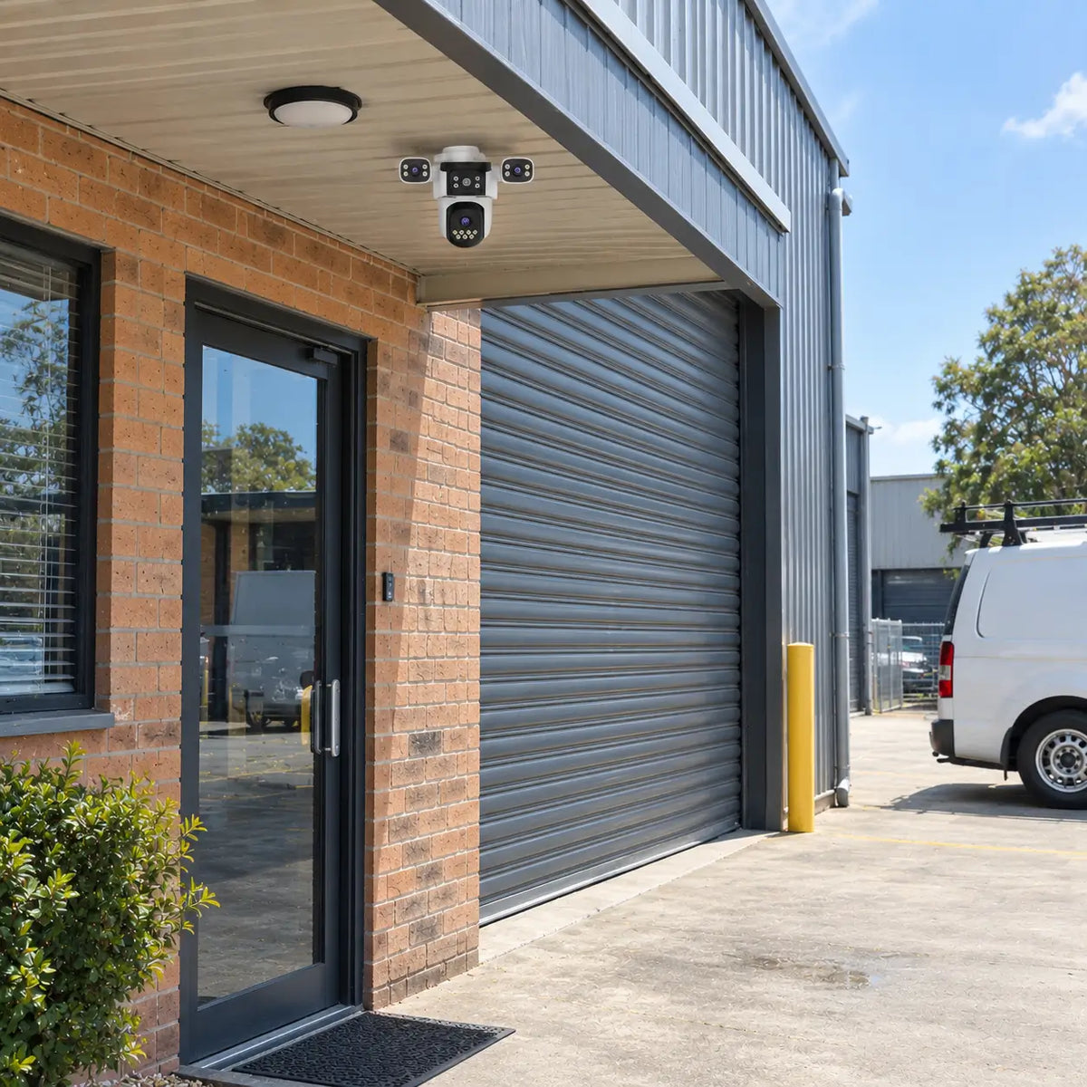 A real-world daytime installation of the VStarcam CS621SR three-lens security camera mounted under a commercial warehouse building awning, monitoring a brick office glass door entry and a charcoal metal roller garage bay.
