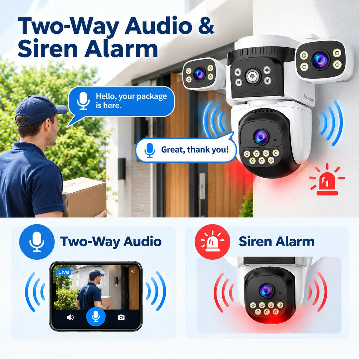 Feature infographic for the VStarcam CS621SR camera illustrating its two-way audio intercom and high-decibel siren alarm with a simulated smartphone screen showing a remote conversation with a parcel delivery courier.