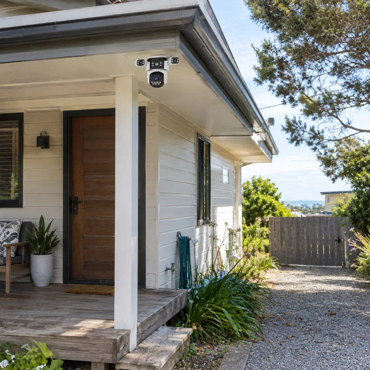 A real-world daytime installation of the VStarcam CS621SR three-lens security camera mounted under a white weatherboard house veranda eave, monitoring a timber front entry porch and a long gravel driveway approach with a wooden side gate.