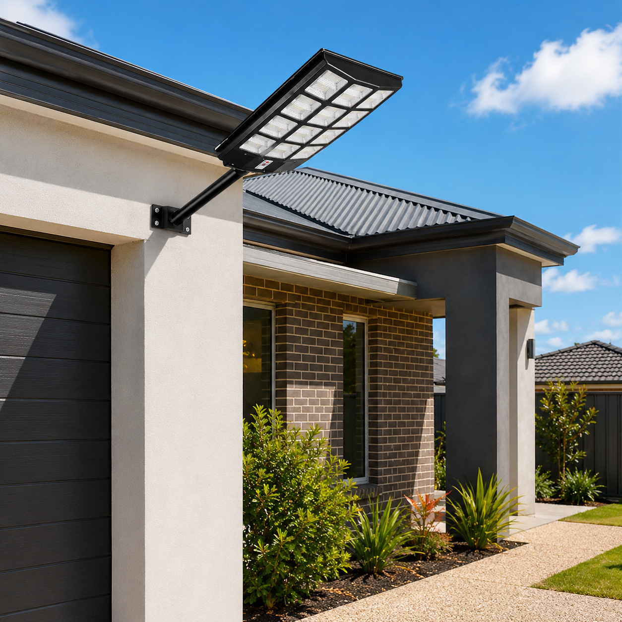 Wall mounted solar street light installed on a modern Australian house pillar next to a garage driveway