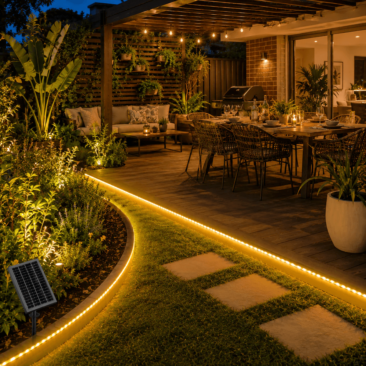 Warm white single colour solar LED strip outlining a lawn stepping stone path next to an outdoor dining timber deck and alfresco barbecue zone.