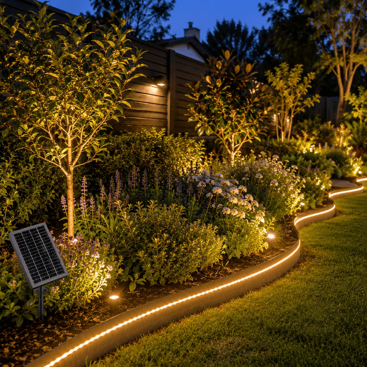 Warm white solar garden strip lights tracing a curved garden bed retaining edge and illuminating garden shrubs in an Australian backyard.