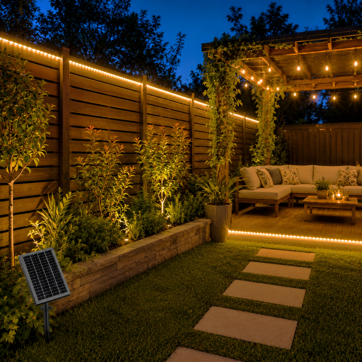 Warm white solar rope lights outdoor mounted along a timber boundary fence line and deck border in an Australian patio backyard.