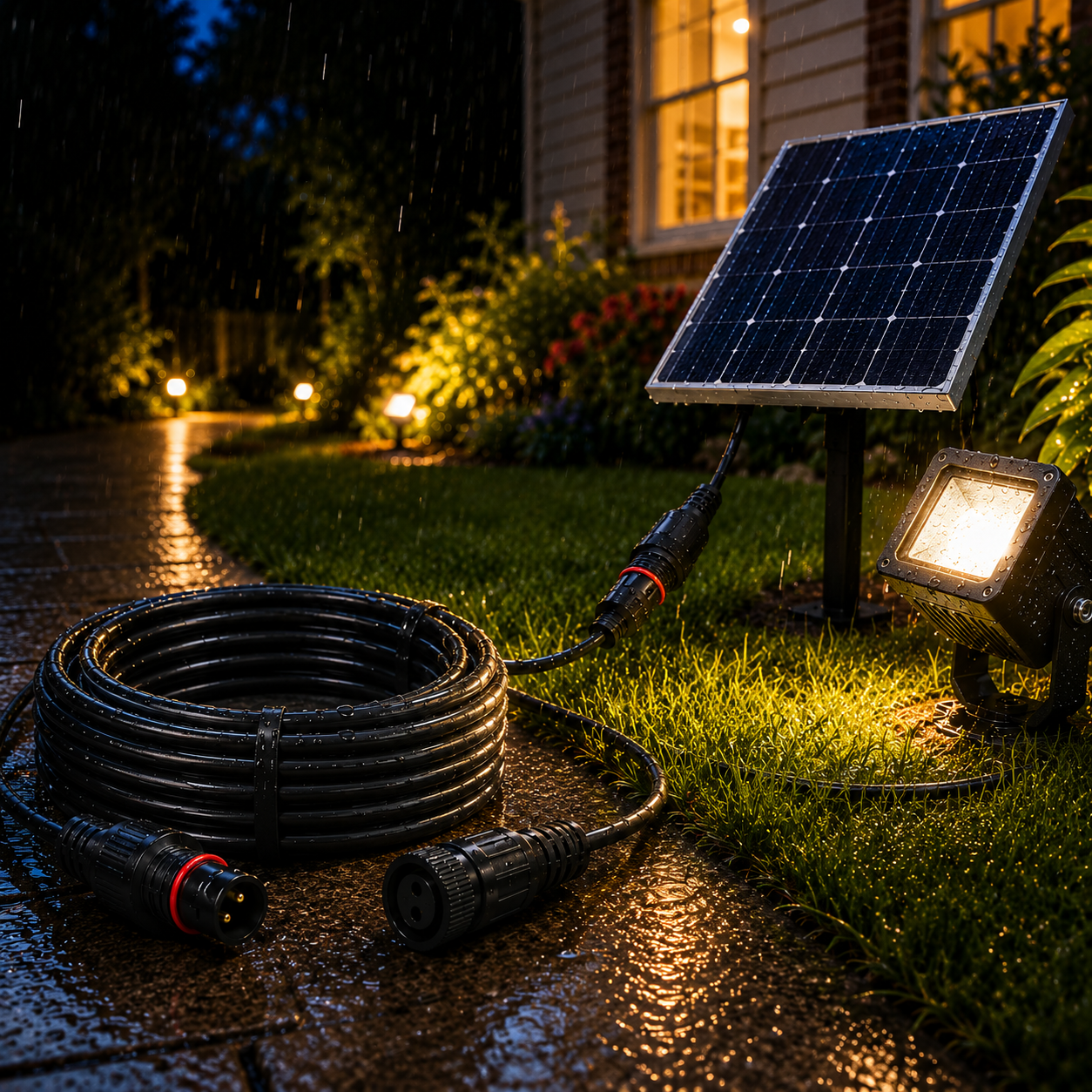 Coiled black extension cable powering a glowing solar lights floodlights setup in a rainy backyard landscape.