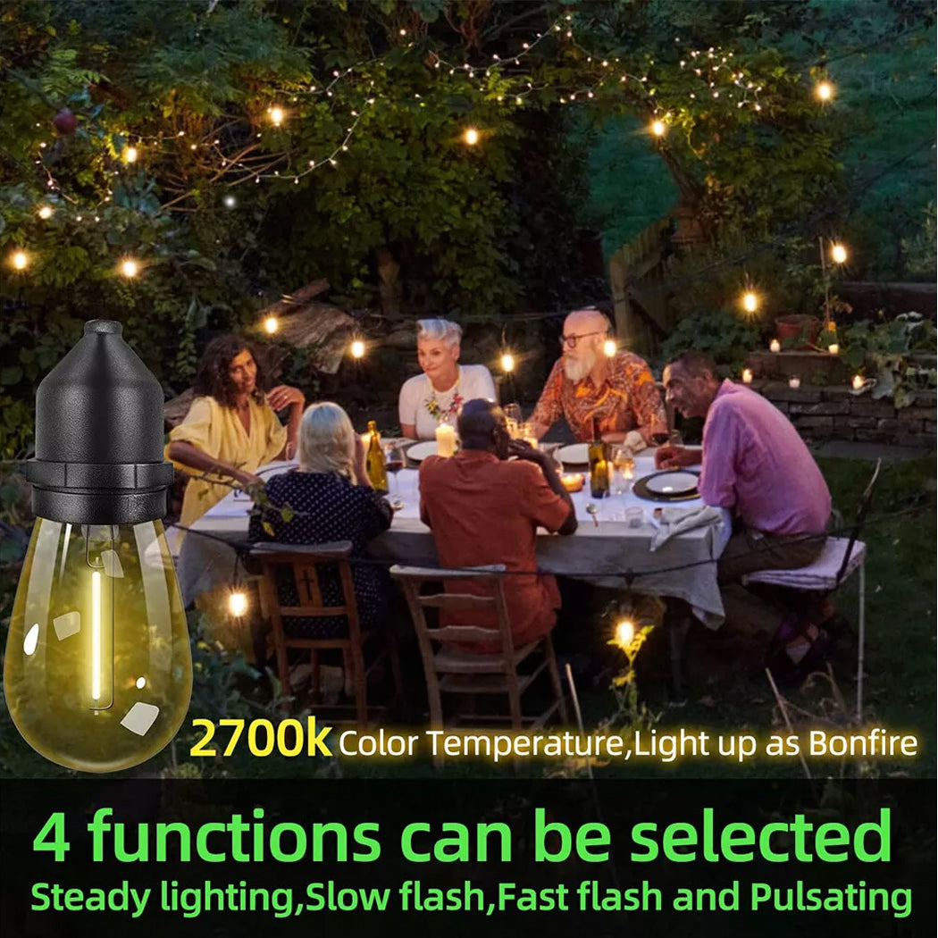 Lifestyle graphic showcasing warm white 2700K waterproof patio string lights over an outdoor dining table setting featuring 4 selectable illumination functions for backyard entertaining in Australia