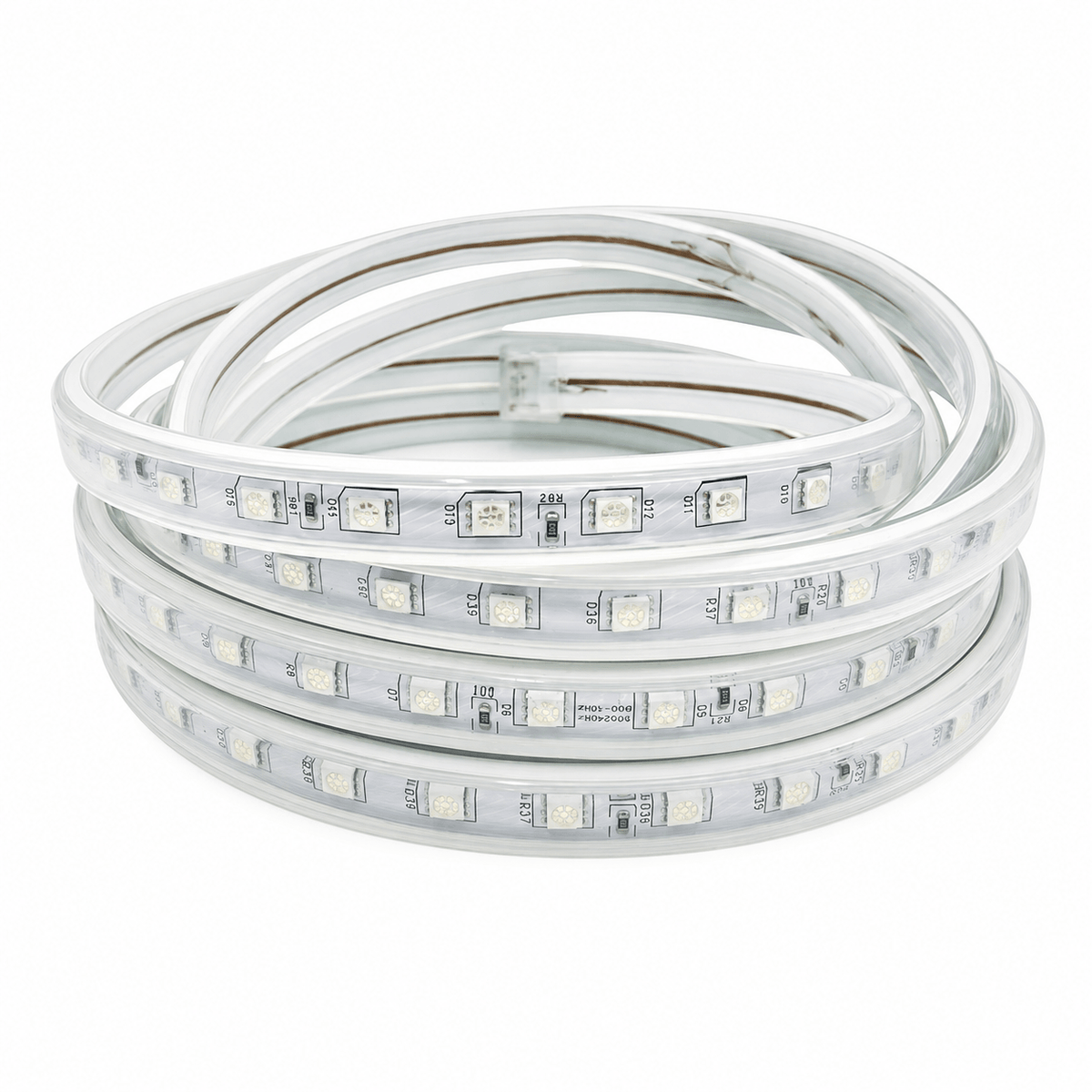 A neatly coiled spool of the flexible waterproof solar LED strip lights, showing the clear protective PVC casing and premium surface-mounted diodes.