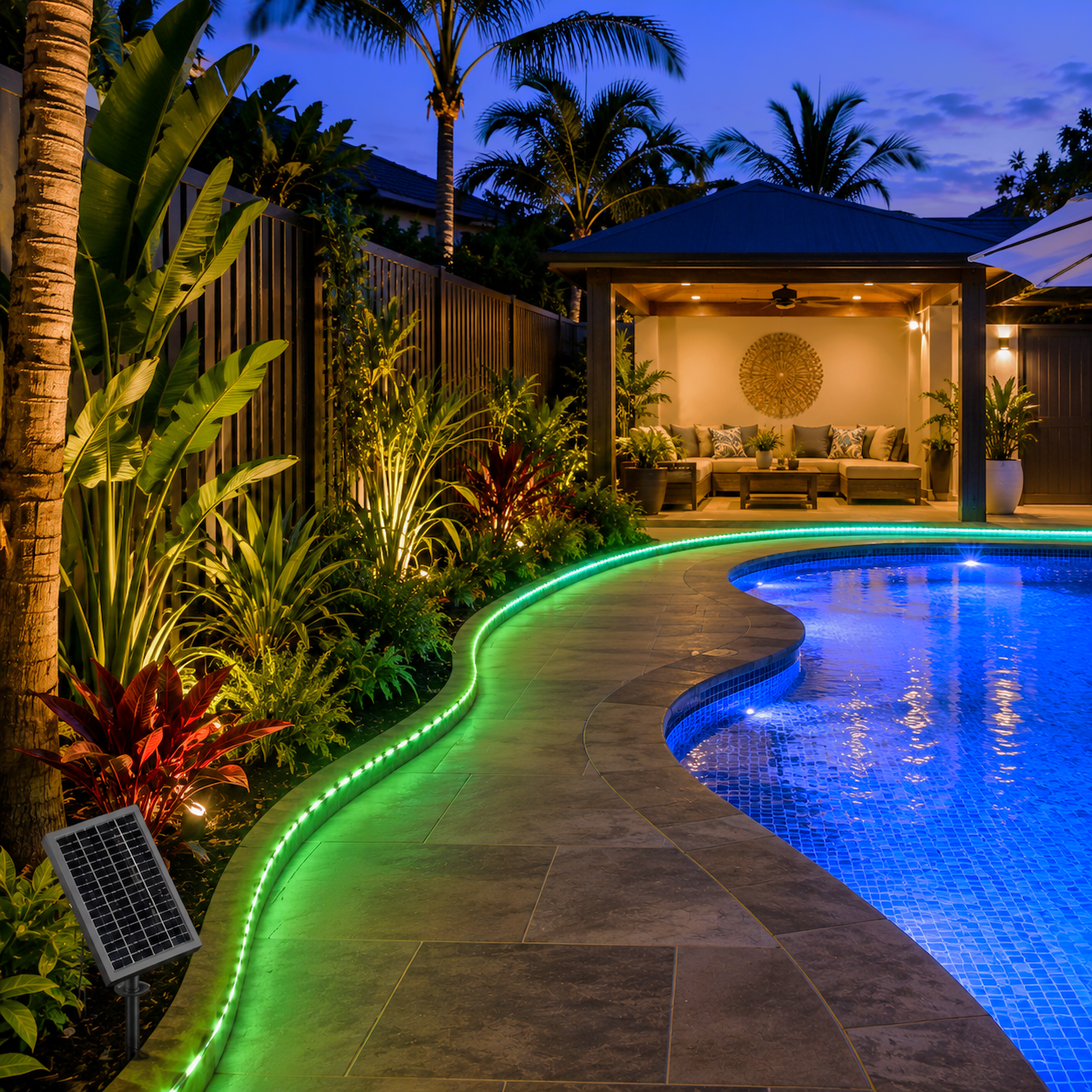 Waterproof green solar LED strip lights illuminating a stone pathway border next to a backyard swimming pool and alfresco cabana area.