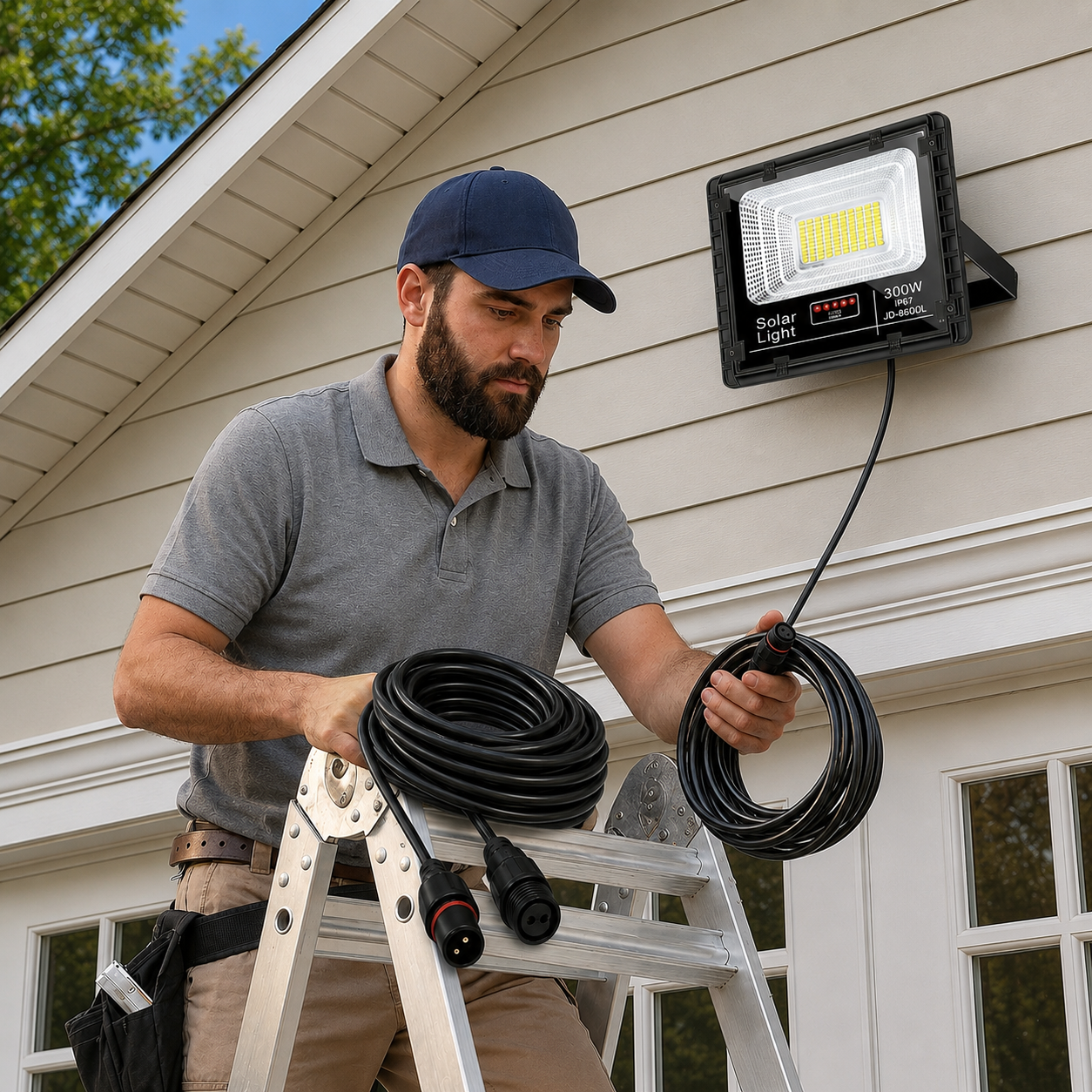 An installer on a ladder uncoiling a waterproof solar light extension cord to connect a wall-mounted IP67 solar floodlight.