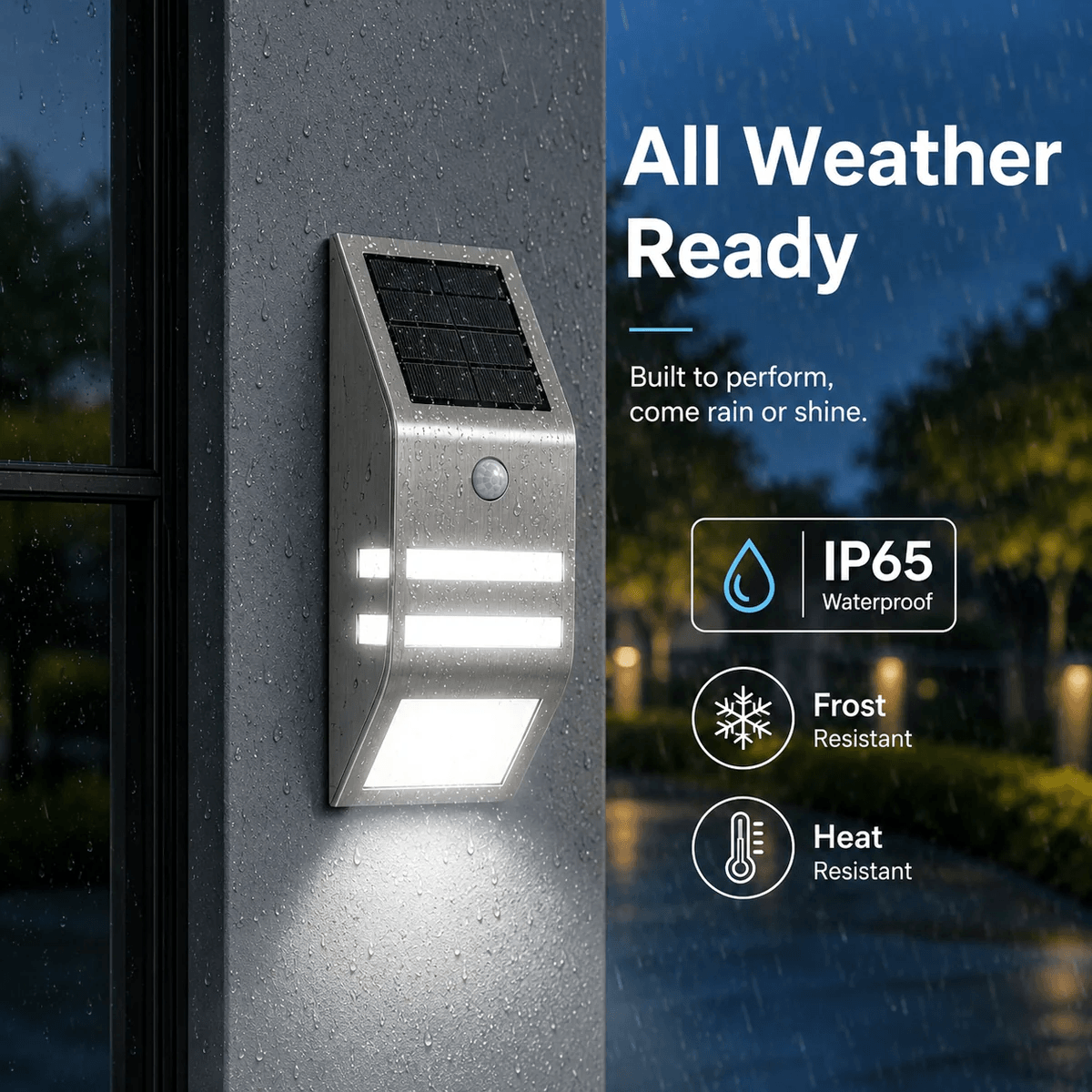 An infographic showcasing a waterproof solar wall light working in the rain to highlight its IP65 waterproof, frost resistant, and heat resistant features.