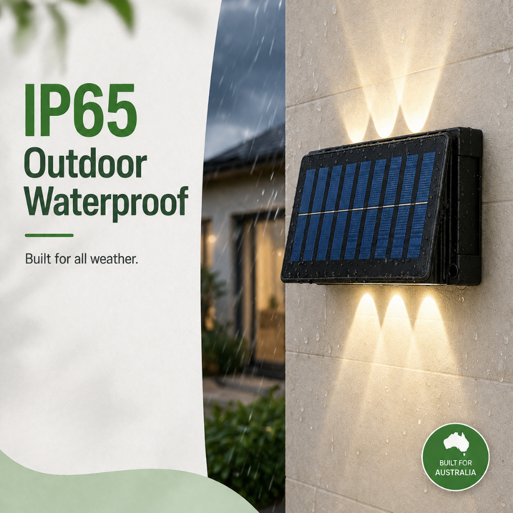 IP65 outdoor waterproof solar wall lights built for all weather conditions showing an up and down LED light fixture on an exterior wall in Australia.