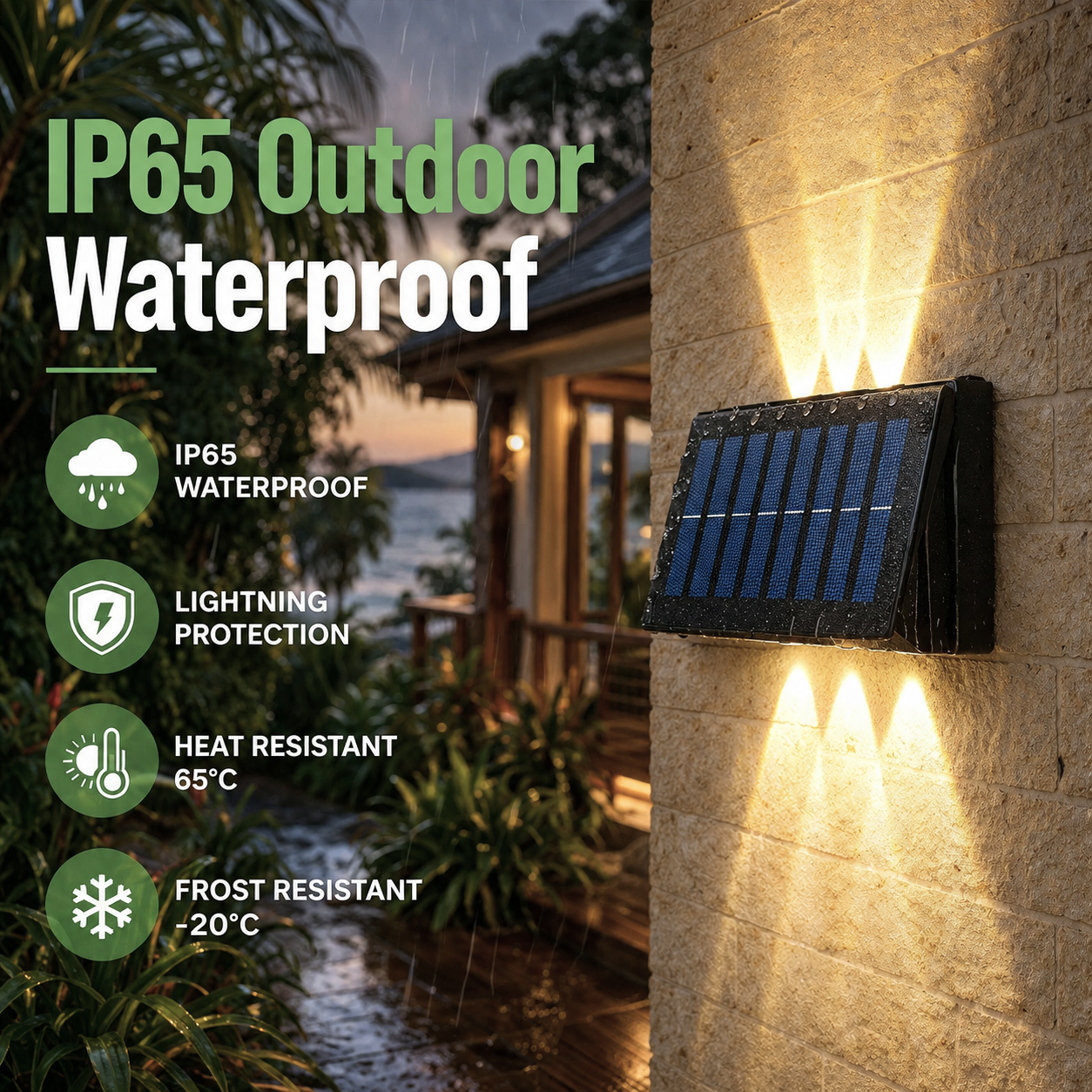 IP65 outdoor waterproof solar wall lights showing extreme weather protection features including lightning, heat, and frost resistance in rain.