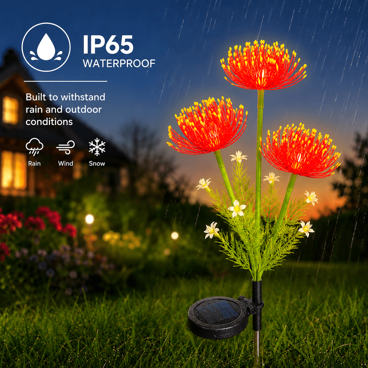 IP65 waterproof spider chrysanthemum solar flower stake lights showcasing durability by glowing in a rainy outdoor backyard at night.