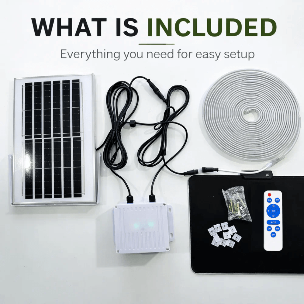 Complete solar fairy lights outdoor package components laid out including solar panel, control box, extension cables, mounting hardware clips, remote control, and a coiled LED strip roll.