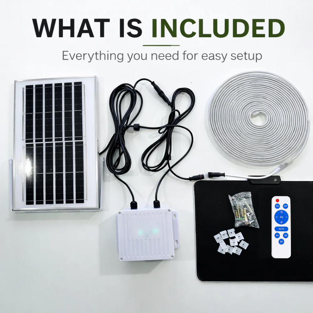 Complete solar fairy lights outdoor package components laid out including solar panel, control box, extension cables, mounting hardware clips, remote control, and a coiled LED strip roll.