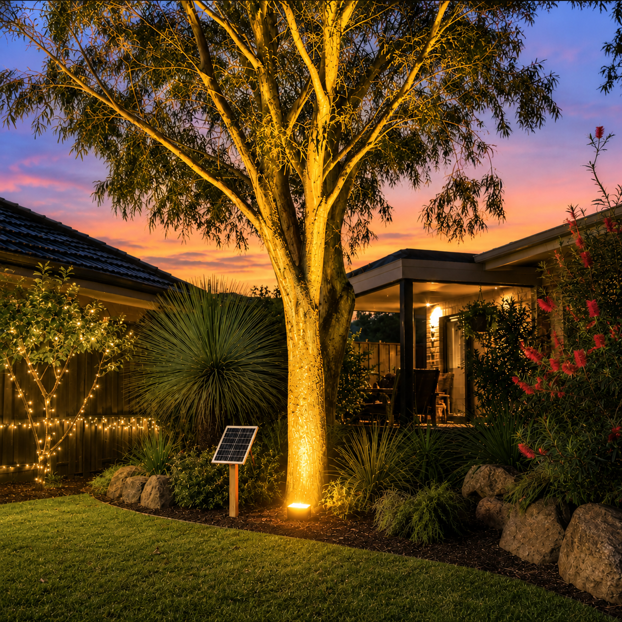 Yellow solar flood light system casting a warm golden uplight on a native Australian gum tree in a beautifully landscaped suburban backyard garden at sunset.
